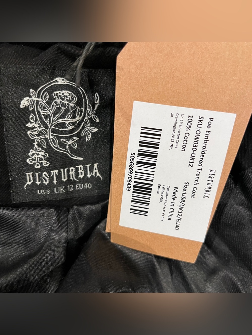 NWT Disturbia Poe Embroidered Black Belted Trench Coat Sz 8 Goth Grunge - Picture 13 of 15